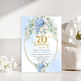 Luxe 70e verjaardagsuitnodiging met blauwe bloemen kaart