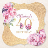 Luxe Aangepaste 40e Verjaardag Pioenrozen Gouden G Kartonnen Onderzetters (Voorkant)