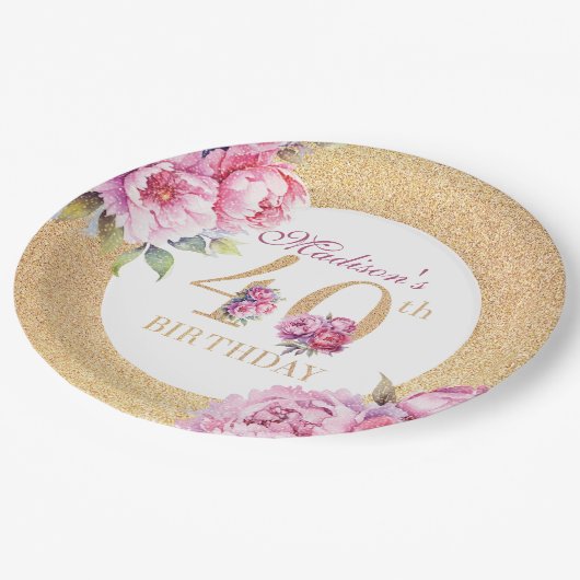 Luxe Aangepaste 40e Verjaardag Pioenrozen Gouden G Papieren Bordje (Gekanteld)