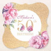 Luxe aangepaste 50e verjaardag pioenrozen gouden g kartonnen onderzetters (Voorkant)