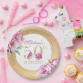 Luxe aangepaste 50e verjaardag pioenrozen gouden g papieren bordje (Feest)