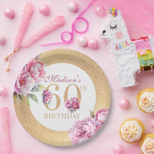 Luxe aangepaste 60e verjaardag pioenrozen gouden g papieren bordje (Feest)