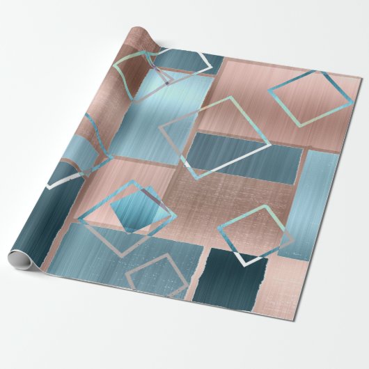 Luxe Abstract | Blush Roos Gold en Blauwgroen geom Cadeaupapier (Uitgerold)