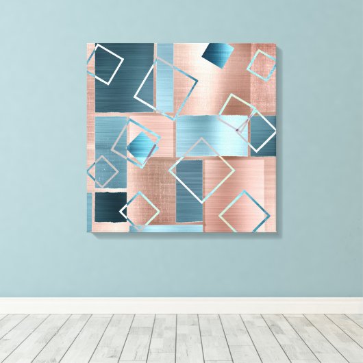 Luxe Abstract | Blush Roos Gold en Blauwgroen geom Canvas Afdruk (Insitu (Houten vloer))