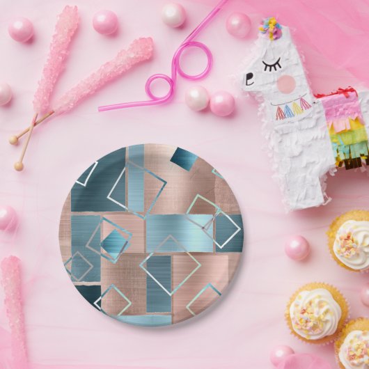 Luxe Abstract | Blush Roos Gold en Blauwgroen geom Papieren Bordje (Feest)