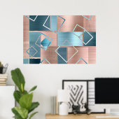 Luxe Abstract | Blush Roos Gold en Blauwgroen geom Poster (Thuiskantoor)