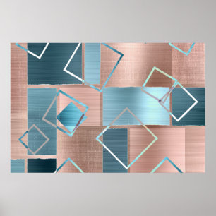 Luxe Abstract   Blush Roos Gold en Blauwgroen geom Poster