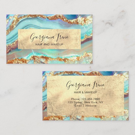 Luxe Abstract Faux Agaat Marmer Blauwgroen Goud Visitekaartje (Voorkant / Achterkant)