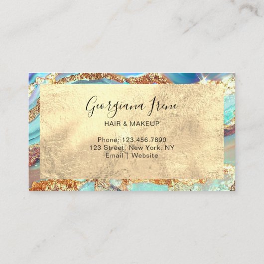 Luxe Abstract Faux Agaat Marmer Blauwgroen Goud Visitekaartje (Achterkant)