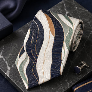 Luxe abstract golfslag marineblauw saliegroen beig stropdas