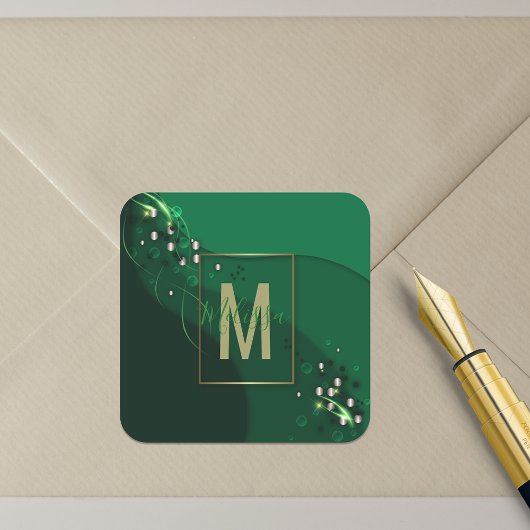 Luxe Abstract Smaragdgroen Goud Monogram Vierkante Sticker
