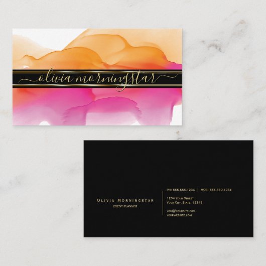 Luxe Abstract Waterverf Inktvlekken Koraal Fuchsia Visitekaartje (Voorkant / Achterkant)