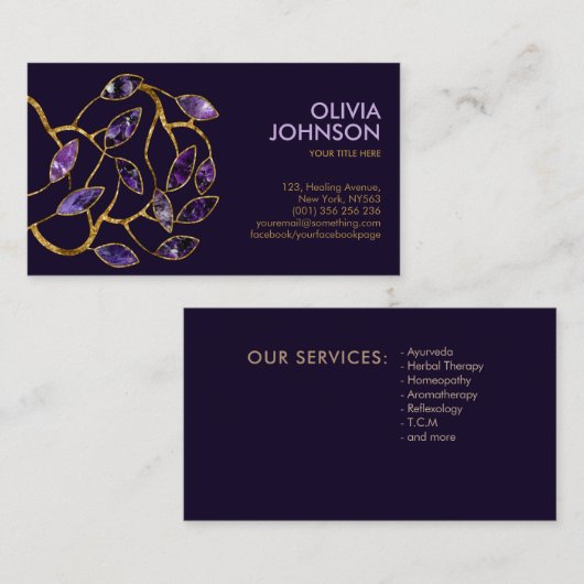 Luxe Abstracte Amethyst Leaves Branch Visitekaartje (Voorkant / Achterkant)