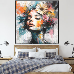Luxe Abstracte Bloemenschildering van een Vrouw aa Canvas Afdruk
