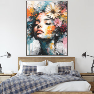 Luxe Abstracte Bloemenschildering van Vrouw Portre Canvas Afdruk