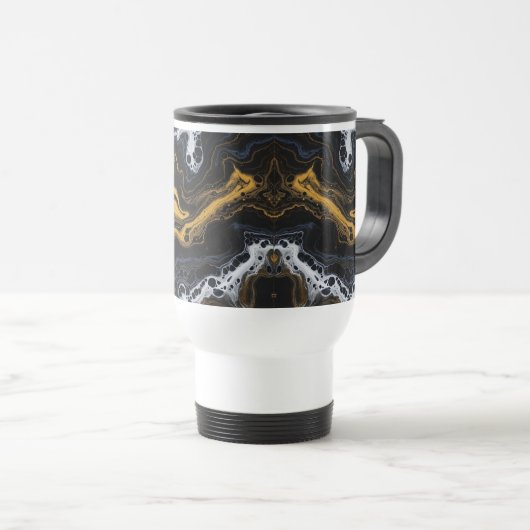 Luxe Abstracte koffiemok – Zwart, Goud & Wit Reisbeker (Voorkant rechts)