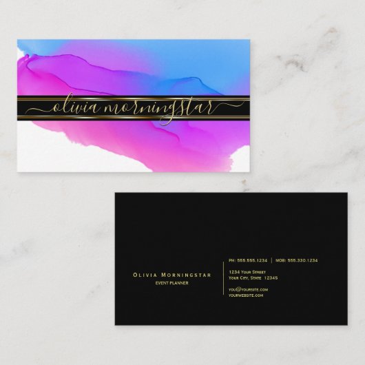 Luxe Abstracte Waterverf Ink Blots Blauw Violet 3 Visitekaartje (Voorkant / Achterkant)