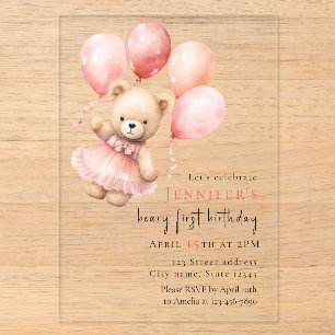 Luxe Acryl Teddybeer Meisje 1e Verjaardag Uitnodigingen