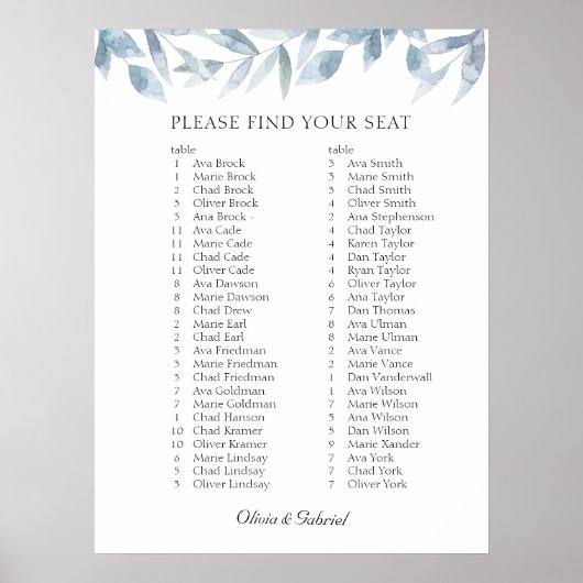 Luxe AG. Elegant Wedding Seating Chart Poster (Voorkant)