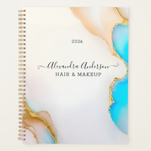 Luxe Agaat Blauw Goud Details Handtekening Script Planner (Voorkant)