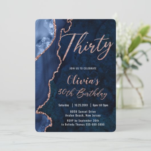 Luxe Agate Sapphire Blue Roos Gold 30e verjaardag Kaart (Staand voorkant)