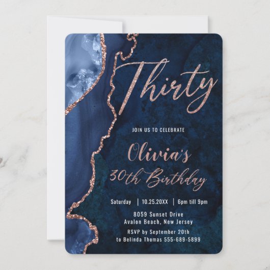 Luxe Agate Sapphire Blue Roos Gold 30e verjaardag Kaart (Voorkant)