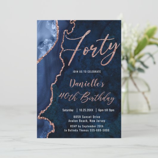 Luxe Agate Sapphire Blue Roos Gold 40e verjaardag  Kaart (Staand voorkant)