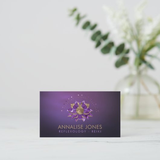Luxe Amethyst en goudLotus op paars Visitekaartje (Staand voorkant)