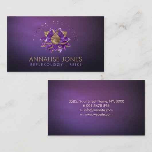 Luxe Amethyst en goudLotus op paars Visitekaartje (Voorkant / Achterkant)