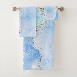 LUXE AQUA BLUE SPARKLE MARBLE CUSTOE 2 TOWEL SET BAD HANDDOEK