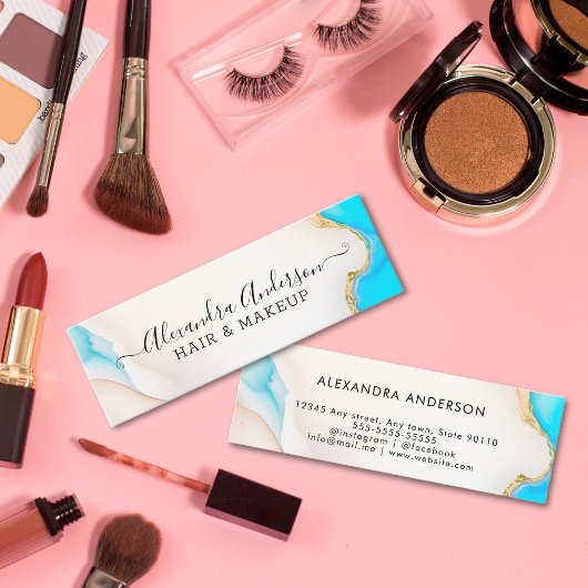 Luxe Aqua en Gold Marble Holografische Salon Mini Visitekaartje