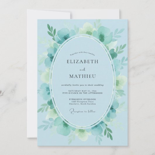 Luxe Aqua Geschilderde Blad Bruiloft Kaart (Voorkant)