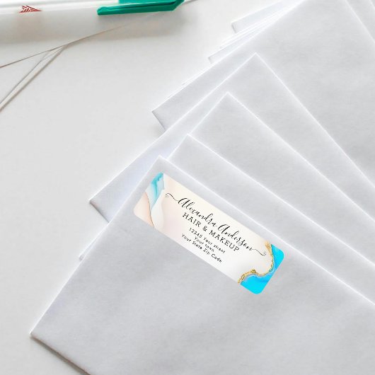 Luxe Aqua Gold Marble Holografisch Retouradres Etiket