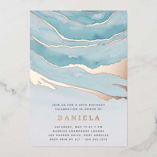 Luxe Aqua Marble Birthday Party of Any Occasion Folie Uitnodiging (Voorkant)