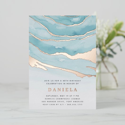 Luxe Aqua Marble Birthday Party of Any Occasion Folie Uitnodiging (Staand Voorkant)