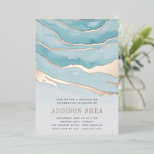 Luxe Aqua Marble Graduation Party Folie Uitnodiging (Staand Voorkant)