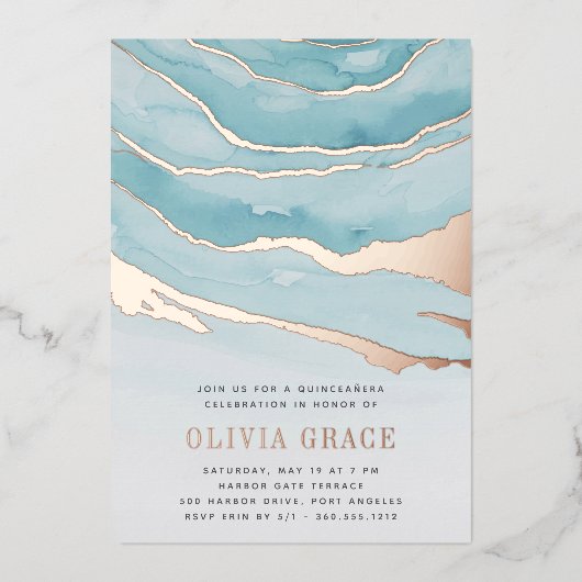Luxe Aqua Marble Quinceanera Folie Uitnodiging (Voorkant)