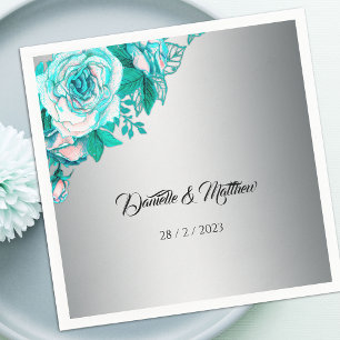 Luxe Aqua Rozen op Silver Elegant Wedding Servet