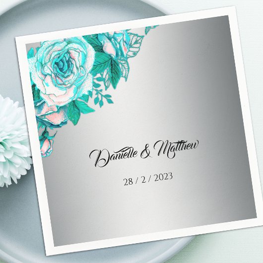 Luxe Aqua Rozen op Silver Elegant Wedding Servet