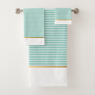 LUXE AQUA WHITE STRIPE GOLD BATHROOM TOWEL SET BAD HANDDOEK
