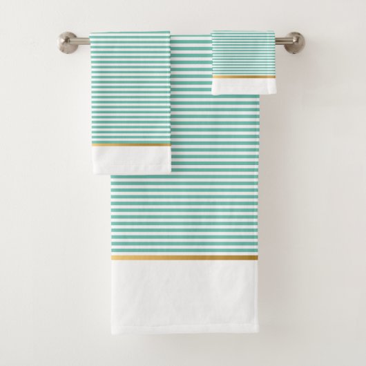 LUXE AQUA WHITE STRIPE GOLD BATHROOM TOWEL SET BAD HANDDOEK (Insitu)