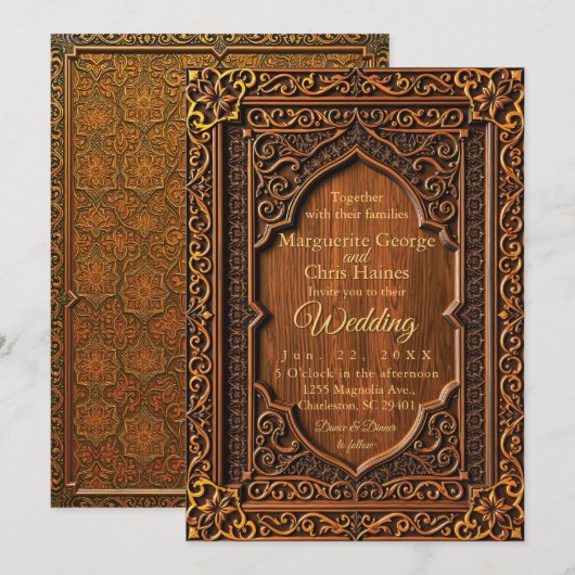 Luxe Arabesque houten bruiloft uitnodiging (Voorkant / Achterkant)