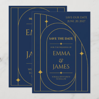 Luxe Art Deco Navy Gouden Save the Date Kaart