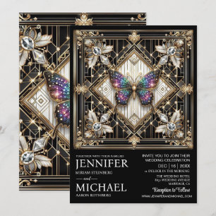 Luxe Art Deco Regenboog Vlinder Bruiloft  Kaart