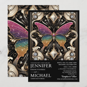 Luxe Art Deco Regenboog Vlinder Bruiloft  Kaart