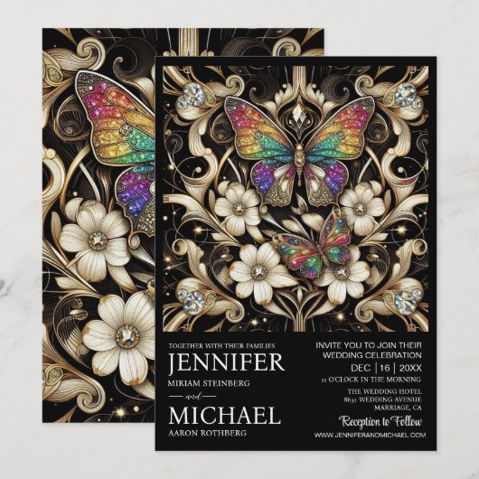Luxe Art Deco Regenboog Vlinder Bruiloft Kaart (Voorkant / Achterkant)