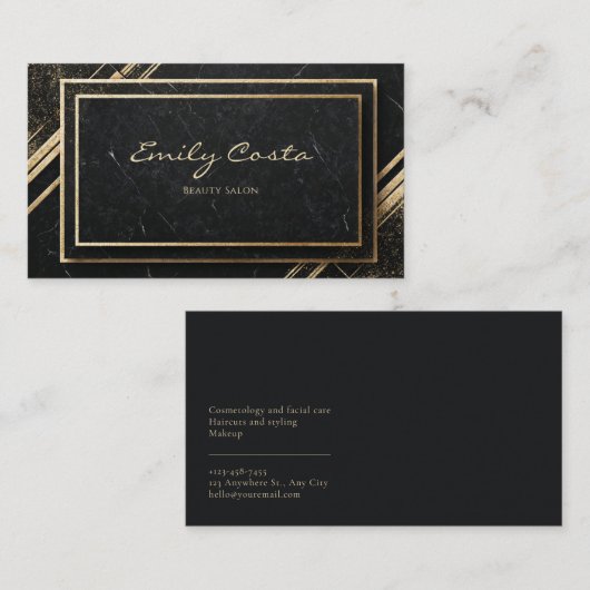 Luxe Art Deco Zwart en Goud Marmer Visitekaartje (Voorkant / Achterkant)