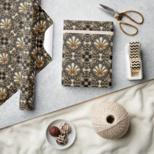 Luxe Art Deco Zwarte & Gouden Nep Diamanten Verpak Cadeaupapier