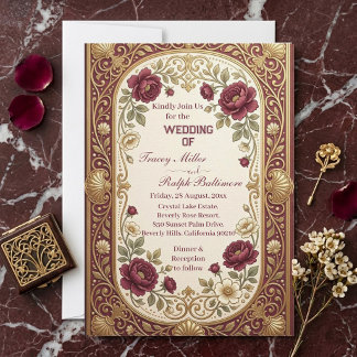 Luxe Art Nouveau Gouden Bruine Rozen Huwelijk  Kaart