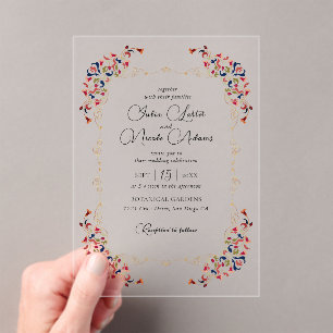 Luxe Artistieke Botanische Bloemen Paisley Wedding Acryl Uitnodigingen